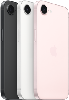 iPhone 17e, Seiten- und Rückansicht, Schwarz, Seiten- und Rückansicht, Weiß, Seiten- und Rückansicht, Hellrosa, Fusion Kamera oben, Seitentaste