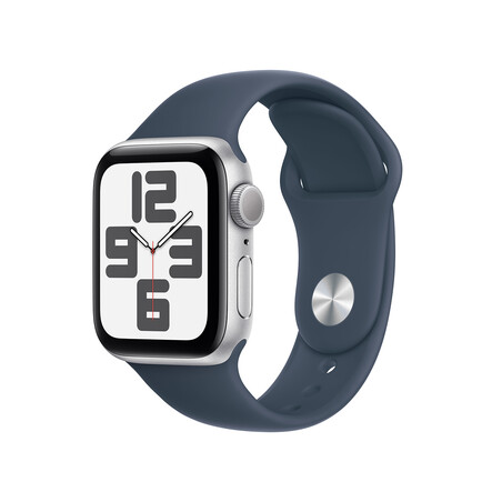 Apple Watch SE GPS, Aluminum silber, 40mm mit Sportarmband, sturmblau - S/M>