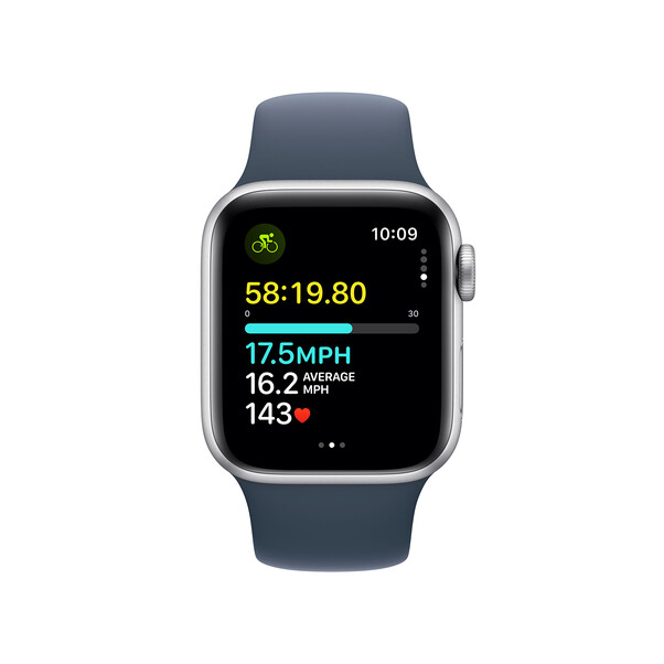 Apple Watch SE GPS, Aluminum silber, 40mm mit Sportarmband, sturmblau - S/M>