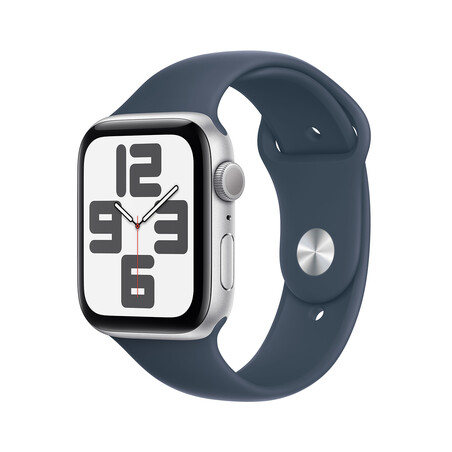 Apple Watch SE GPS, Aluminum silber, 44mm mit Sportarmband, sturmblau - M/L>