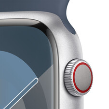 Apple Watch Series 9 GPS + Cellular, Aluminium silber, 45mm mit Sportarmband, sturmblau - S/M>