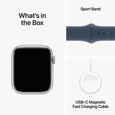Apple Watch Series 9 GPS + Cellular, Aluminium silber, 45mm mit Sportarmband, sturmblau - S/M>