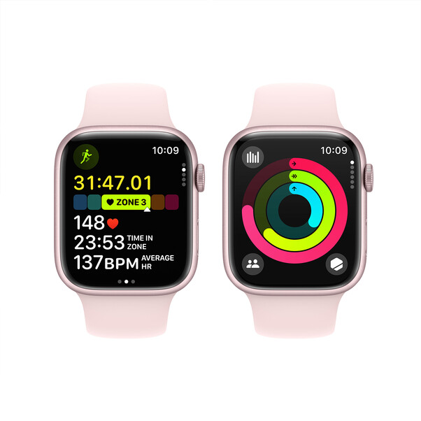 Apple Watch Series 9 GPS + Cellular, Aluminium rosé, 45mm mit Sportarmband, hellrosa - S/M>