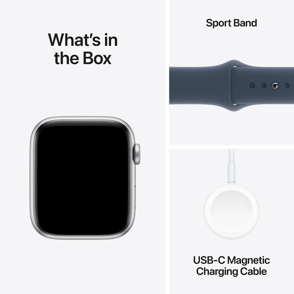 Apple Watch SE GPS + Cellular, Aluminum silber, 44mm mit Sportarmband, sturmblau - M/L>