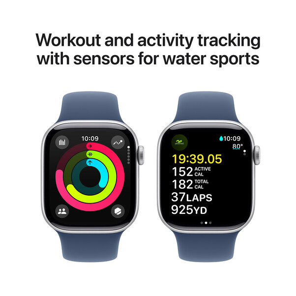 Apple Watch Series 10 GPS + Cellular, Aluminium silber, 42mm mit Sportarmband, denim - M/L>