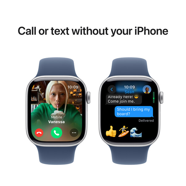 Apple Watch Series 10 GPS + Cellular, Aluminium silber, 42mm mit Sportarmband, denim - M/L>
