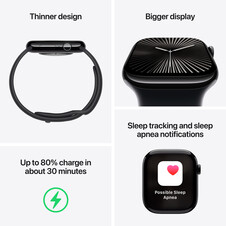 Apple Watch Series 10 GPS, Aluminium silber, 46mm mit Sportarmband, denim - S/M>
