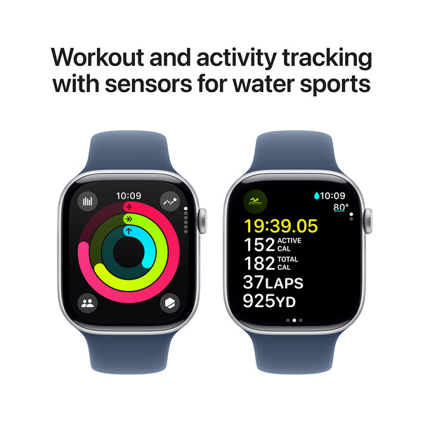 Sie sehen das Produktbild 07 von Apple Watch Series 10 GPS, Aluminium silber, 46mm mit Sportarmband, denim - M/L> Apple Watch Series 10 GPS, Aluminium silber, 46mm mit Sportarmband, denim - M/L>