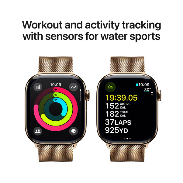 Apple Watch Series 10 GPS + Cellular, Titan gold, 46mm mit Milanaise-Armband, gold - S/M>