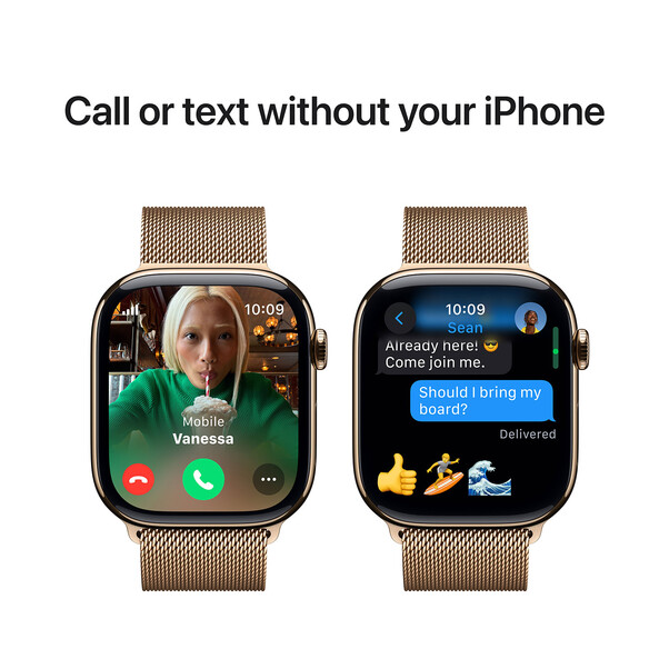Apple Watch Series 10 GPS + Cellular, Titan gold, 46mm mit Milanaise-Armband, gold - S/M>