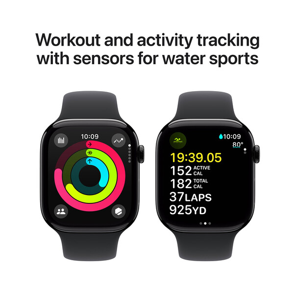 Apple Watch Series 10 GPS + Cellular, Aluminium diamantschwarz, 46mm mit Sportarmband, schwarz - M/L>