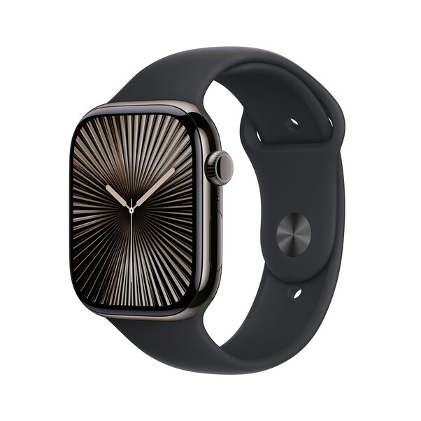 Sie sehen das Produktbild 01 von Apple Watch Series 10 GPS + Cellular, Titan schiefer, 46mm mit Sportarmband, schwarz - M/L> Apple Watch Series 10 GPS + Cellular, Titan schiefer, 46mm mit Sportarmband, schwarz - M/L>
