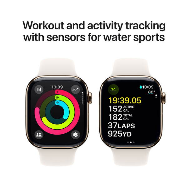 Sie sehen das Produktbild 07 von Apple Watch Series 10 GPS + Cellular, Titan gold, 46mm mit Sportarmband, polarstern - M/L> Apple Watch Series 10 GPS + Cellular, Titan gold, 46mm mit Sportarmband, polarstern - M/L>