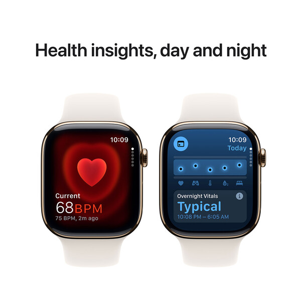 Sie sehen das Produktbild 09 von Apple Watch Series 10 GPS + Cellular, Titan gold, 46mm mit Sportarmband, polarstern - M/L> Apple Watch Series 10 GPS + Cellular, Titan gold, 46mm mit Sportarmband, polarstern - M/L>