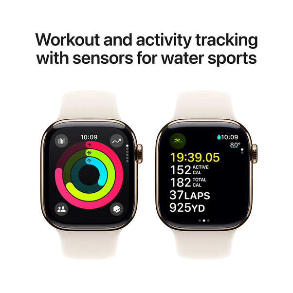 Sie sehen das Produktbild 07 von Apple Watch Series 10 GPS + Cellular, Titan gold, 42mm mit Sportarmband, polarstern - M/L> Apple Watch Series 10 GPS + Cellular, Titan gold, 42mm mit Sportarmband, polarstern - M/L>