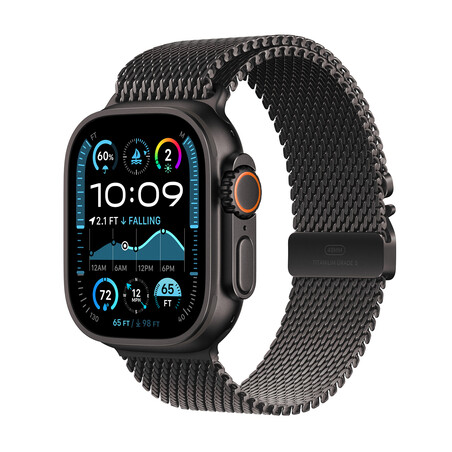 Sie sehen das Produktbild 01 von Apple Watch Ultra 2 GPS + Cellular, 49 mm Titangehäuse Schwarz, Milanaise Armband Titan Schwarz – S Apple Watch Ultra 2 GPS + Cellular, 49 mm Titangehäuse Schwarz, Milanaise Armband Titan Schwarz – S