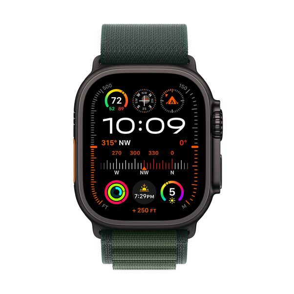 Sie sehen das Produktbild 02 von Apple Watch Ultra 2 GPS + Cellular, 49 mm Titangehäuse Schwarz, Alpine Loop Dunkelgrün − Medium Apple Watch Ultra 2 GPS + Cellular, 49 mm Titangehäuse Schwarz, Alpine Loop Dunkelgrün − Medium