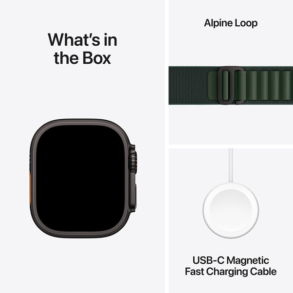 Sie sehen das Produktbild 09 von Apple Watch Ultra 2 GPS + Cellular, 49 mm Titangehäuse Schwarz, Alpine Loop Dunkelgrün − Medium Apple Watch Ultra 2 GPS + Cellular, 49 mm Titangehäuse Schwarz, Alpine Loop Dunkelgrün − Medium