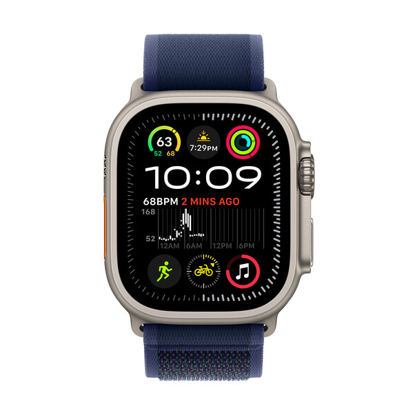 Apple Watch Ultra 2 GPS + Cellular, 49 mm Titangehäuse Natur, Trail Loop Blau – M/L
