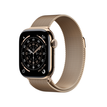 Sie sehen das Produktbild 01 von Apple Watch Series 11 GPS + Cellular, 42 mm Titangehäuse Gold, Milanaise Armband Gold Apple Watch Series 11 GPS + Cellular, 42 mm Titangehäuse Gold, Milanaise Armband Gold