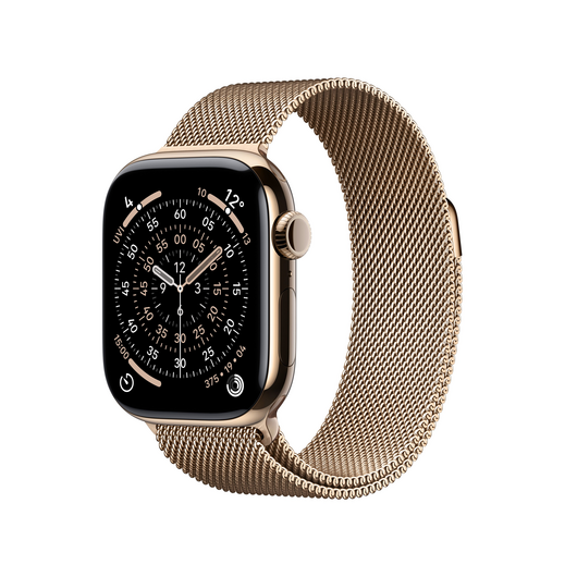 Sie sehen das Produktbild 01 von Apple Watch Series 11 GPS + Cellular, 42 mm Titangehäuse Gold, Milanaise Armband Gold Apple Watch Series 11 GPS + Cellular, 42 mm Titangehäuse Gold, Milanaise Armband Gold