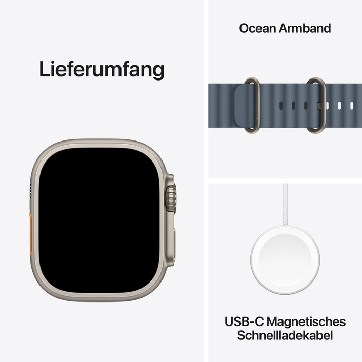 Sie sehen das Produktbild 08 von Apple Watch Ultra 3 GPS + Cellular, 49 mm Titangehäuse Natur, Ocean Armband Maritimblau Apple Watch Ultra 3 GPS + Cellular, 49 mm Titangehäuse Natur, Ocean Armband Maritimblau