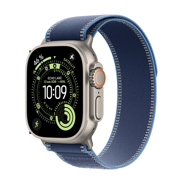 Sie sehen das Produktbild 01 von Apple Watch Ultra 3 GPS + Cellular, 49 mm Titangehäuse Natur, Trail Loop Blau/Hellblau - S/M Apple Watch Ultra 3 GPS + Cellular, 49 mm Titangehäuse Natur, Trail Loop Blau/Hellblau - S/M