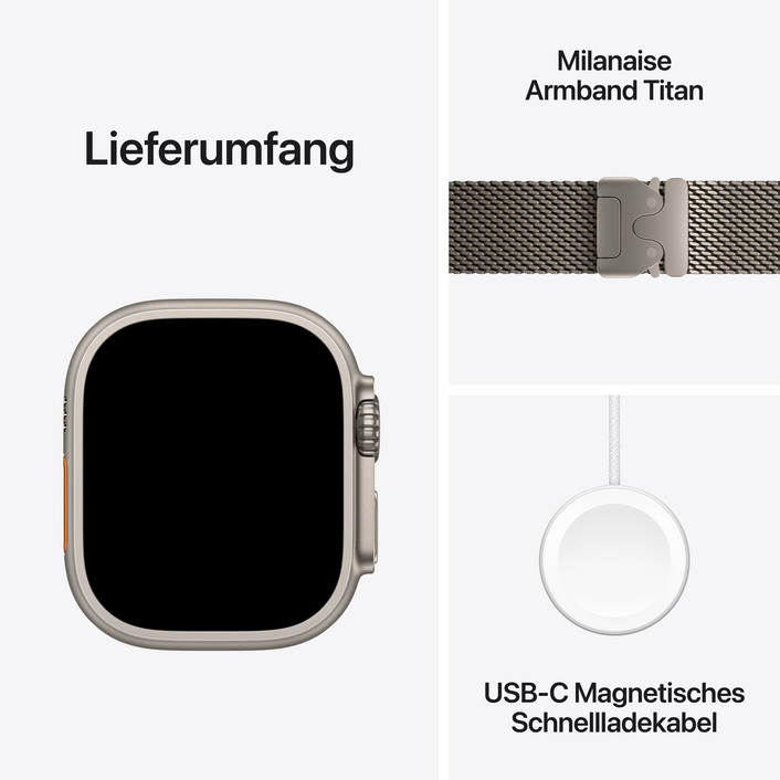 Apple Watch Ultra 3 GPS + Cellular, 49 mm Titangehäuse Natur, Milanaise Armband Titan Natur - Small