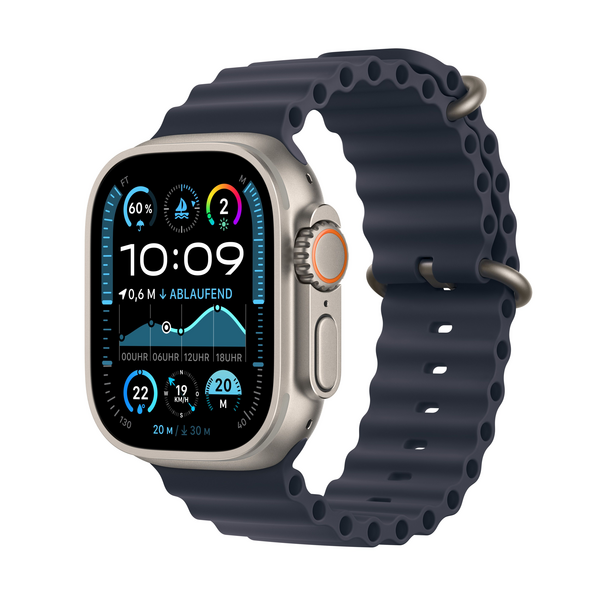 Apple Watch Ultra 2 GPS + Cellular, Titan natur, 49mm mit Ocean-Armband, blau>