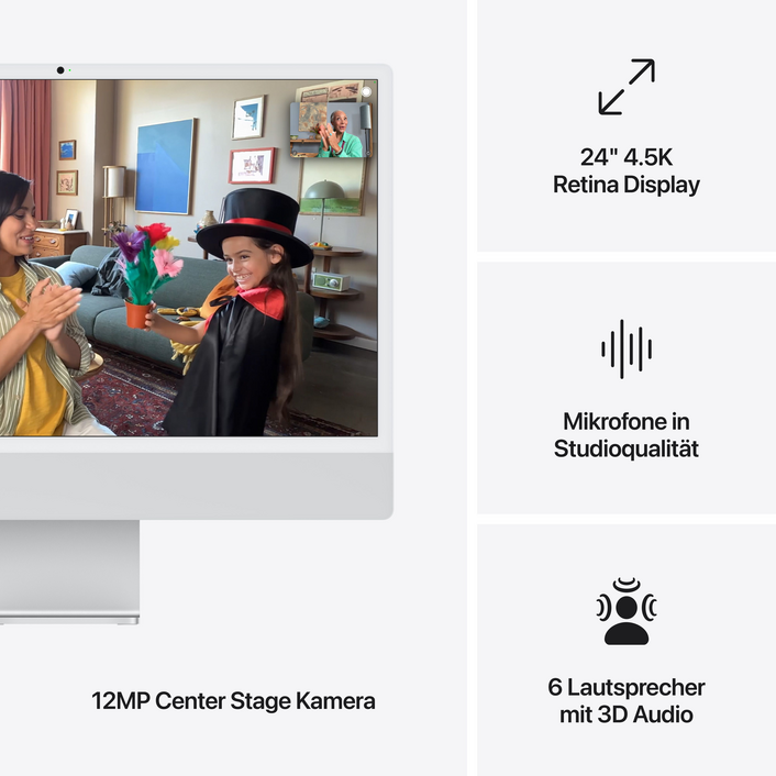 24" iMac mit Retina 4,5K Display: Apple M4 Chip mit 8‑Core CPU und 8‑Core GPU, 256 GB SSD - Silber