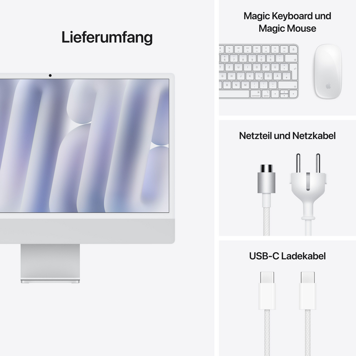 iMac 24" mit 4.5K Retina Display, M4 Chip 8-Core CPU und 8-Core GPU, 16GB, 256GB SSD, silber