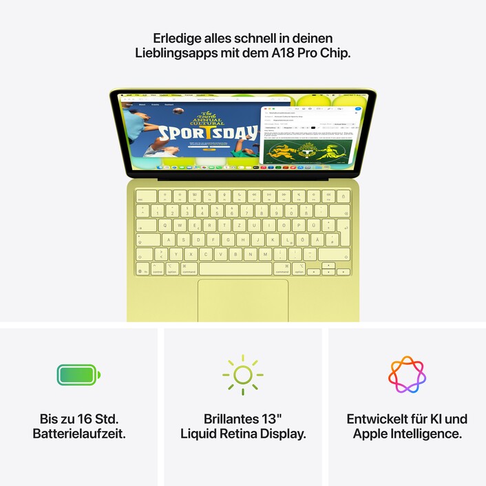13" MacBook Neo: Apple A18 Pro Chip mit 6‑core CPU und 5‑core GPU, Magic Keyboard, 256 GB SSD - Zitrus