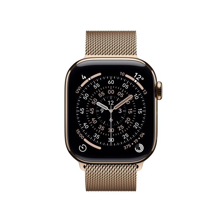 Apple Watch Series 11 GPS + Cellular, 42 mm Titangehäuse Gold, Milanaise Armband Gold