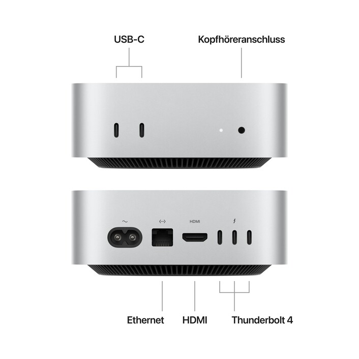 Sie sehen das Produktbild 02 von Mac mini: Apple M4 Chip mit 10‑Core CPU und 10‑Core GPU, 512 GB SSD - Silber Mac mini: Apple M4 Chip mit 10‑Core CPU und 10‑Core GPU, 512 GB SSD - Silber