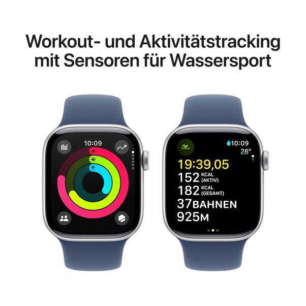 Apple Watch Series 10 GPS + Cellular, 42 mm Aluminiumgehäuse Silber, Sportarmband Denim ­−M/L