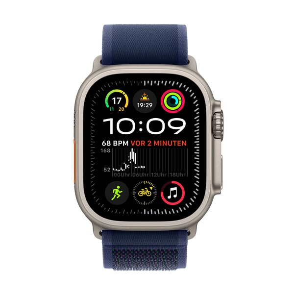 Apple Watch Ultra 2 GPS + Cellular, 49 mm Titangehäuse Natur, Trail Loop Blau – M/L