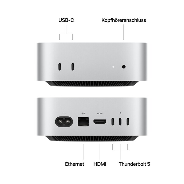 Sie sehen das Produktbild 02 von Mac mini: Apple M4 Pro Chip mit 12‑Core CPU und 16‑Core GPU, 512 GB SSD - Silber Mac mini: Apple M4 Pro Chip mit 12‑Core CPU und 16‑Core GPU, 512 GB SSD - Silber