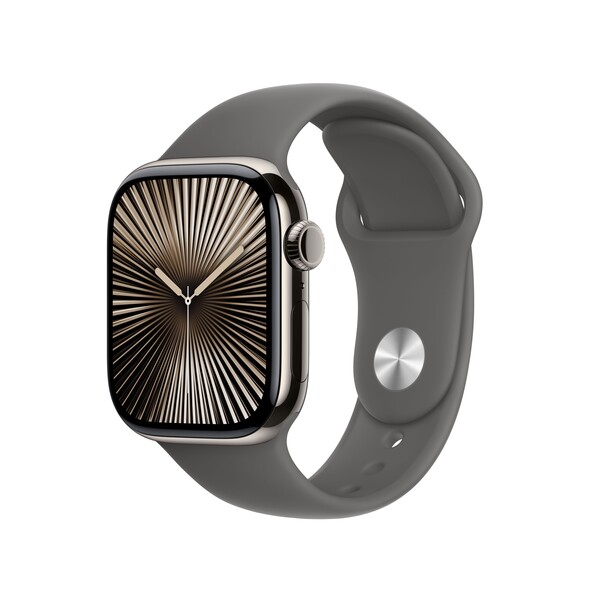 Apple Watch Series 10 GPS + Cellular, 42 mm Titangehäuse Natur, Sportarmband Steingrau ­− S/M