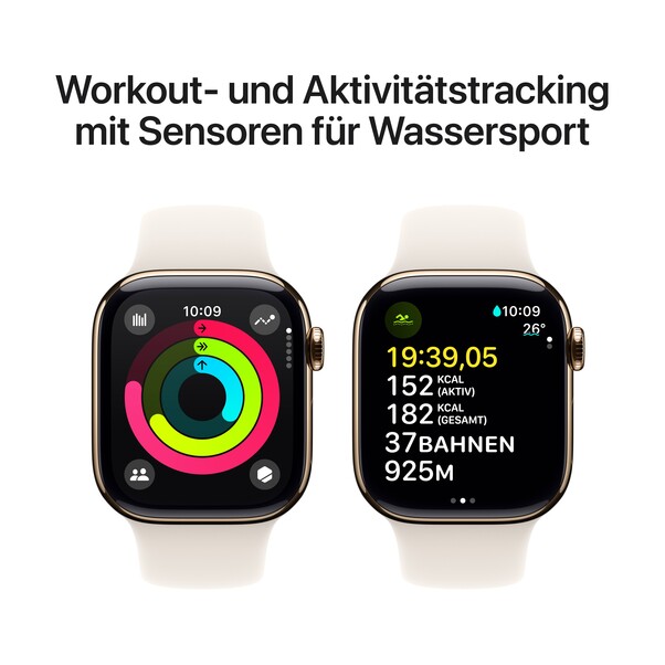Apple Watch Series 10 GPS + Cellular, 42 mm Titangehäuse Gold, Sportarmband Polarstern ­− M/L