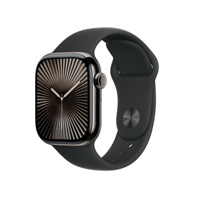 Apple Watch Series 10 GPS + Cellular, 42 mm Titangehäuse Schiefer, Sportarmband Schwarz­ − M/L