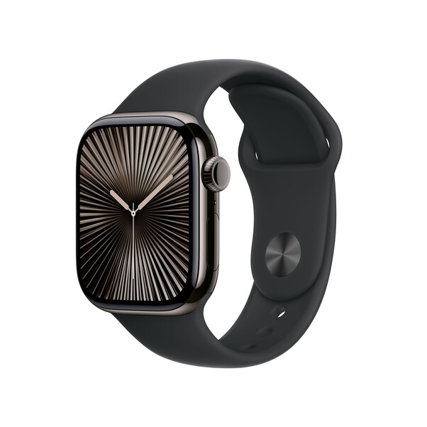 Apple Watch Series 10 GPS + Cellular, 42 mm Titangehäuse Schiefer, Sportarmband Schwarz­ − M/L