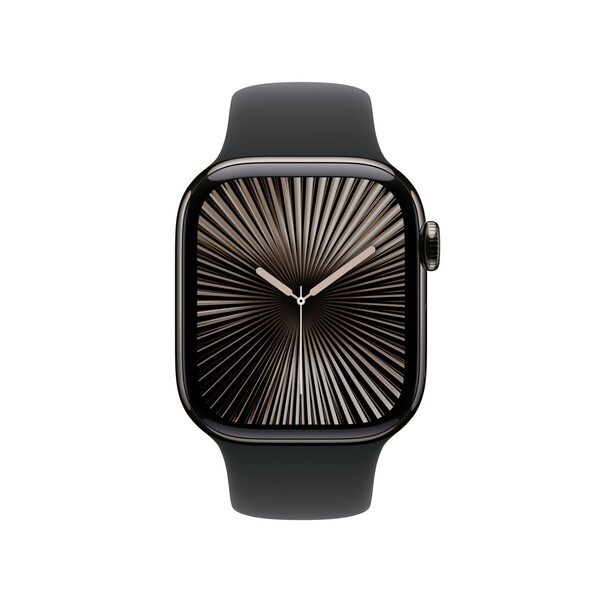 Sie sehen das Produktbild 02 von Apple Watch Series 10 GPS + Cellular, 42 mm Titangehäuse Schiefer, Sportarmband Schwarz − S/M Apple Watch Series 10 GPS + Cellular, 42 mm Titangehäuse Schiefer, Sportarmband Schwarz − S/M