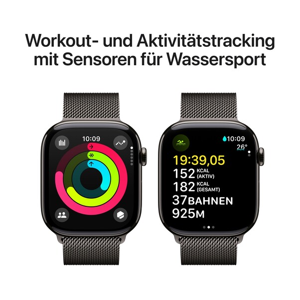 Apple Watch Series 10 GPS + Cellular, 46 mm Titangehäuse Schiefer, Milanaise Armband Schiefer – S/M