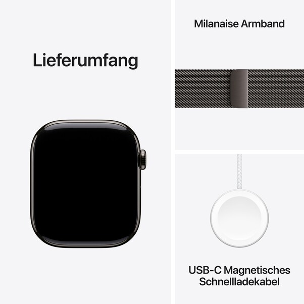 Apple Watch Series 10 GPS + Cellular, 46 mm Titangehäuse Schiefer, Milanaise Armband Schiefer – S/M