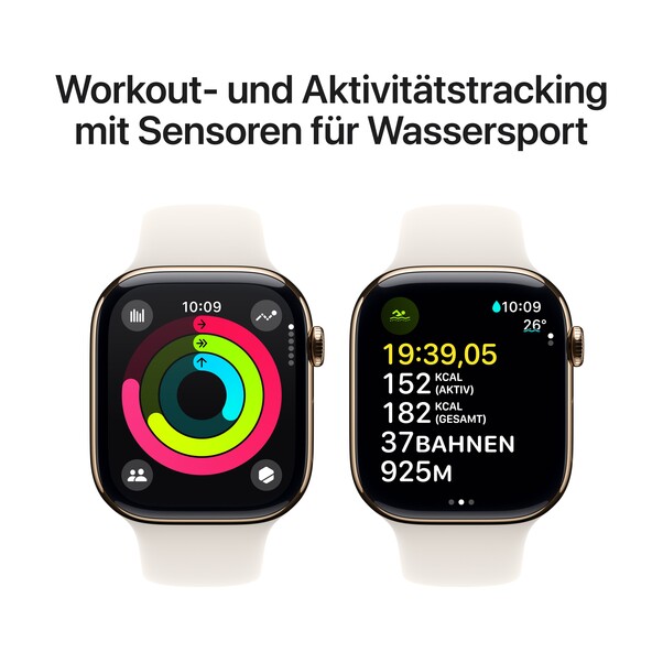Apple Watch Series 10 GPS + Cellular, 46 mm Titangehäuse Gold, Sportarmband Polarstern ­− M/L