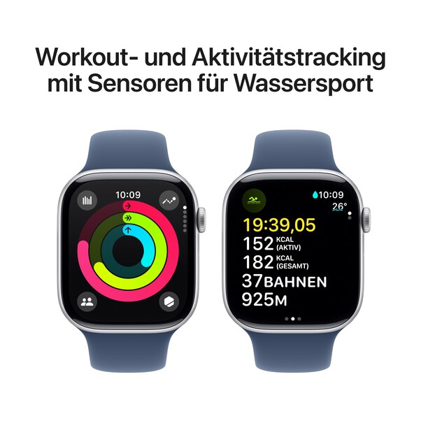 Apple Watch Series 10 GPS, 46 mm Aluminiumgehäuse Silber, Sportarmband Denim ­− M/L