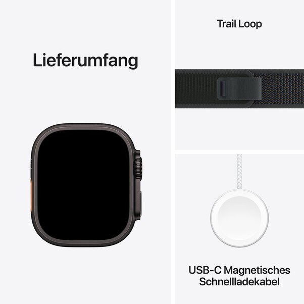 Apple Watch Ultra 2 GPS + Cellular, 49 mm Titangehäuse Schwarz, Trail Loop Schwarz – M/L