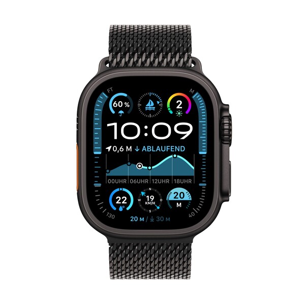 Sie sehen das Produktbild 02 von Apple Watch Ultra 2 GPS + Cellular, 49 mm Titangehäuse Schwarz, Milanaise Armband Titan Schwarz – S Apple Watch Ultra 2 GPS + Cellular, 49 mm Titangehäuse Schwarz, Milanaise Armband Titan Schwarz – S