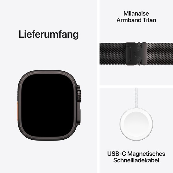 Sie sehen das Produktbild 09 von Apple Watch Ultra 2 GPS + Cellular, 49 mm Titangehäuse Schwarz, Milanaise Armband Titan Schwarz – S Apple Watch Ultra 2 GPS + Cellular, 49 mm Titangehäuse Schwarz, Milanaise Armband Titan Schwarz – S