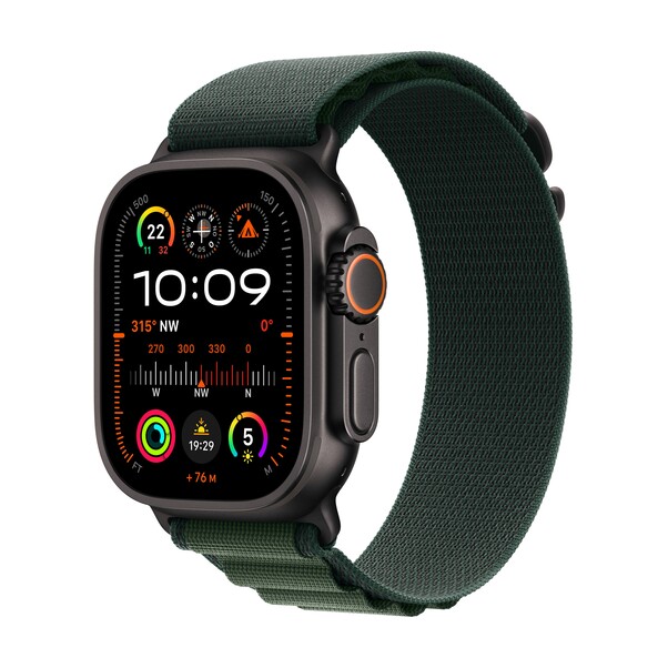 Apple Watch Ultra 2 GPS + Cellular, 49 mm Titangehäuse Schwarz, Alpine Loop Dunkelgrün − Large